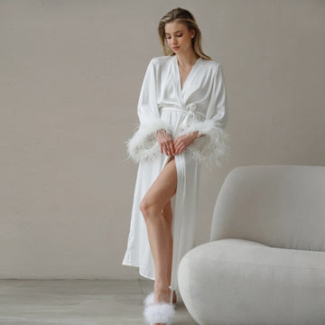 Summer Women Fashion Imitation Silk Feather Long Sleeve Pajamas