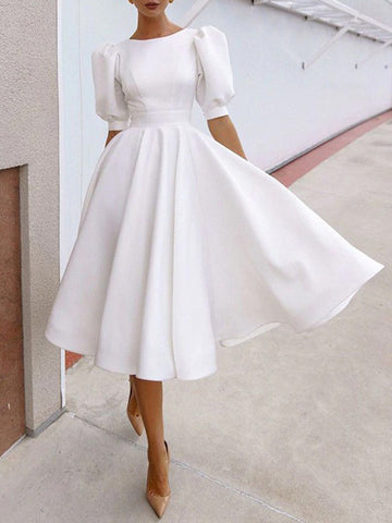A-Line Half Sleeves Backless Pleated Solid Color Zipper Round-Neck Midi Dresses