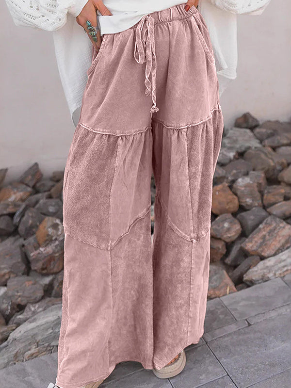High Waisted Loose Drawstring Pleated Pockets Solid Color Split-Joint Pants Trousers