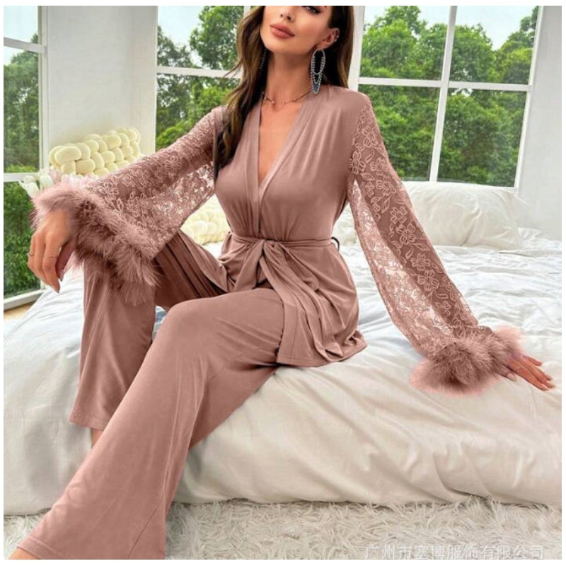 Women Fashion Elegant Stitching Lace V-Neck Long-Sleeve Lace-Up Top Loose Pants Pajamas Set