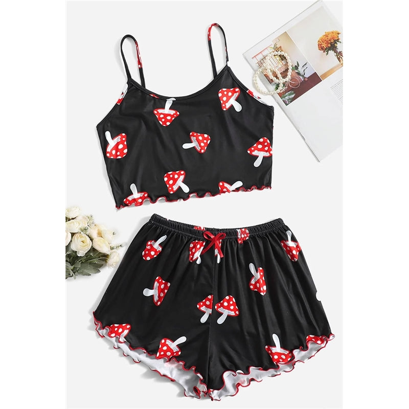 Women Fashion Mushroom Print Pajamas Two-Piece Set