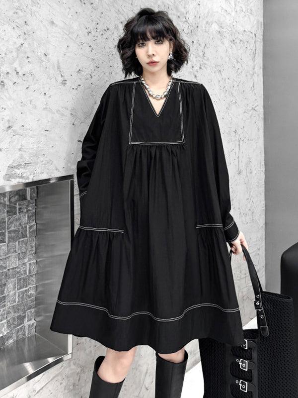 A-Line Long Sleeves Comfort Contrast Color Pleated V-Neck Mini Dresses