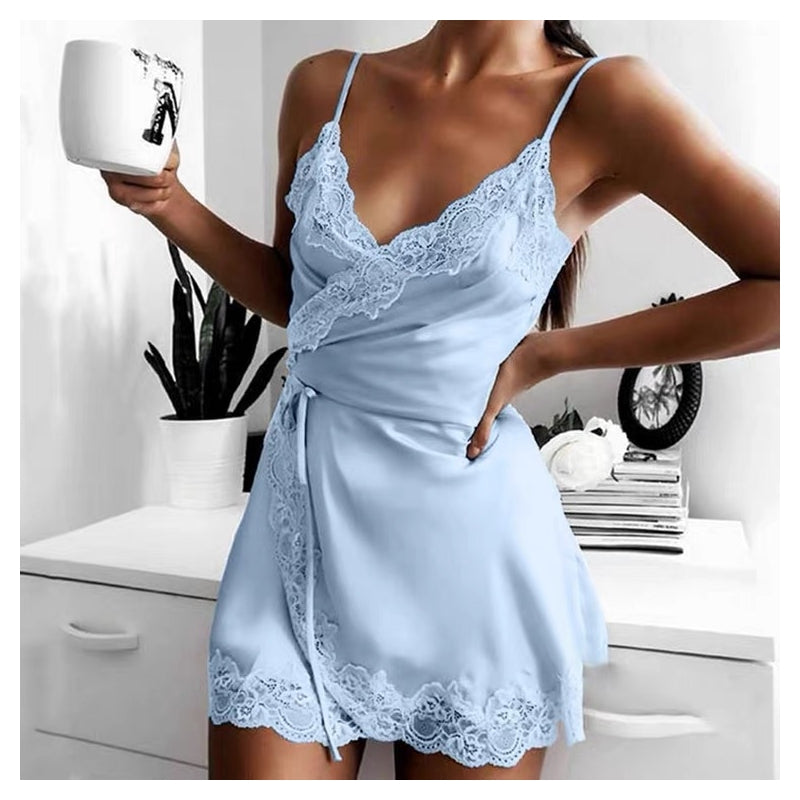 Women Fashion Sexy Solid Color Satin Lace Splicing Lace-Up Dress Pajamas
