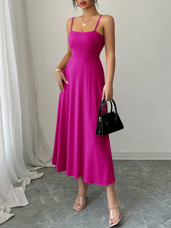 A-Line High Waisted Backless Pleated Solid Color Spaghetti-Neck Midi Dresses