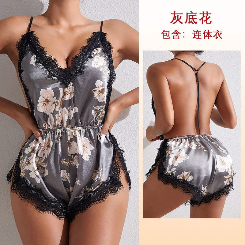 Women Fashion Sexy Deep V Lace Backless Sleepwear