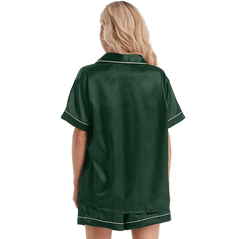 Women Home Simple Silk Imitation Casual Lapel Short Sleeve Pajamas Set