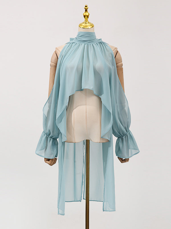 High-Low Long Sleeves Elasticity Hollow Pleated Solid Color Mock Neck Blouses&Shirts Tops