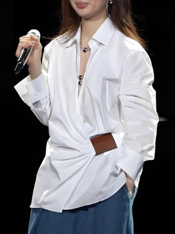 Long Sleeves Loose Buttoned Pleated Solid Color Lapel Blouses&Shirts Tops