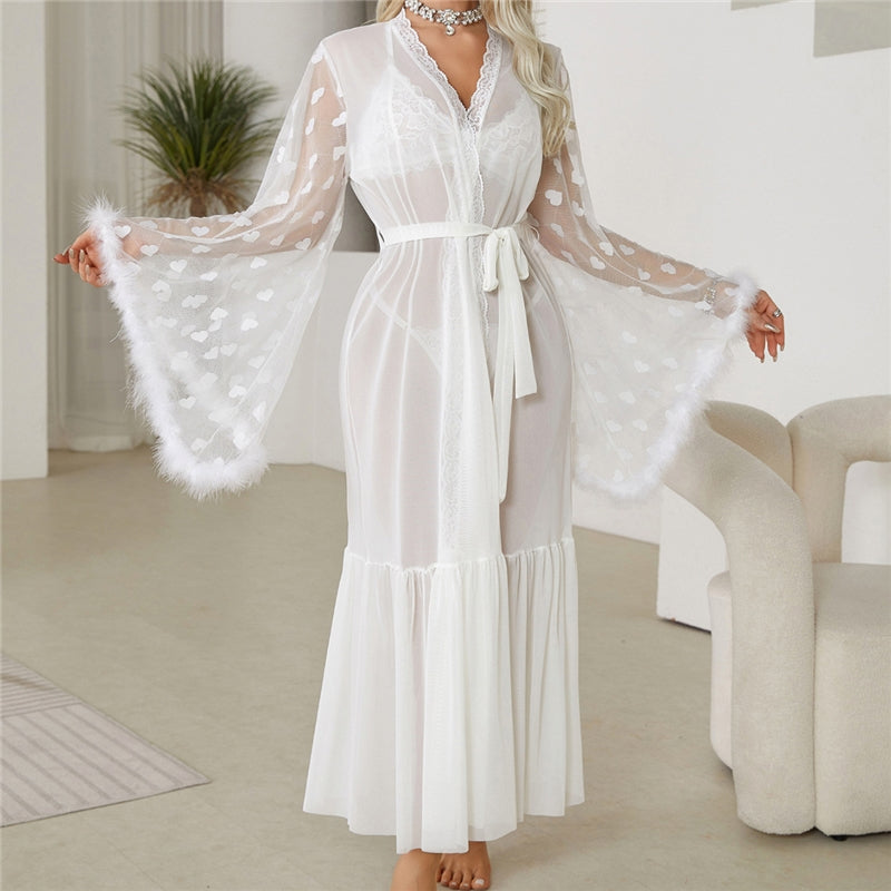 Women Fashion Sexy Heart Shaped Mesh Feather Long Sleeve Home Pajamas