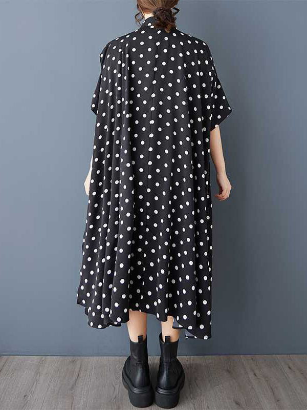A-Line High-Low Asymmetric Buttoned Polka-Dot Lapel Midi Dresses Shirt Dress