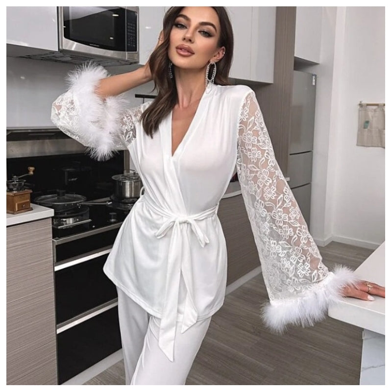 Women Fashion Elegant Stitching Lace V-Neck Long-Sleeve Lace-Up Top Loose Pants Pajamas Set