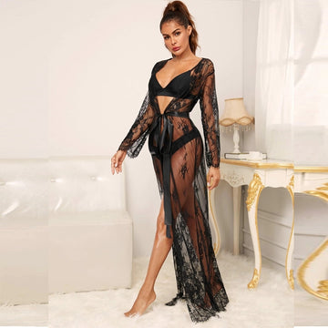 Black Sexy Women'S Lace See-Through Sleep And Lounge