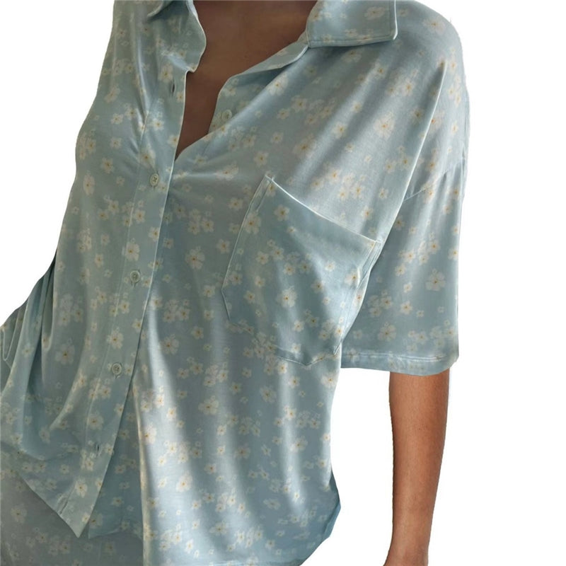 Women Fashion Casual Floral Printed Short-Sleeve Blouse Loose Shorts Pajamas Two-Piece Set
