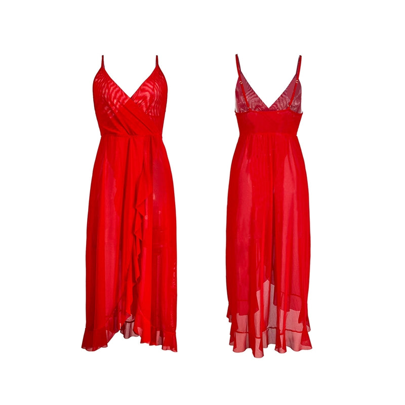 Women Fashion Sexy Solid Color Deep V Mesh Perspective Sling Sexy Pajamas