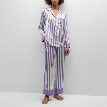 Women Fashion Casual Stripe Lapel Long Sleeve Top Loose Pants Pajamas Two-Piece Set