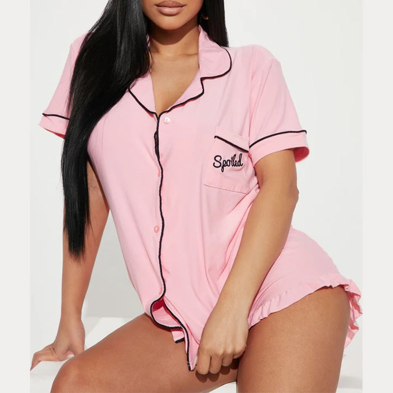 Women Fashion Casual Lapel Short Sleeve Pocket Top Letter Tight Shorts Pajamas Two-Piece Set