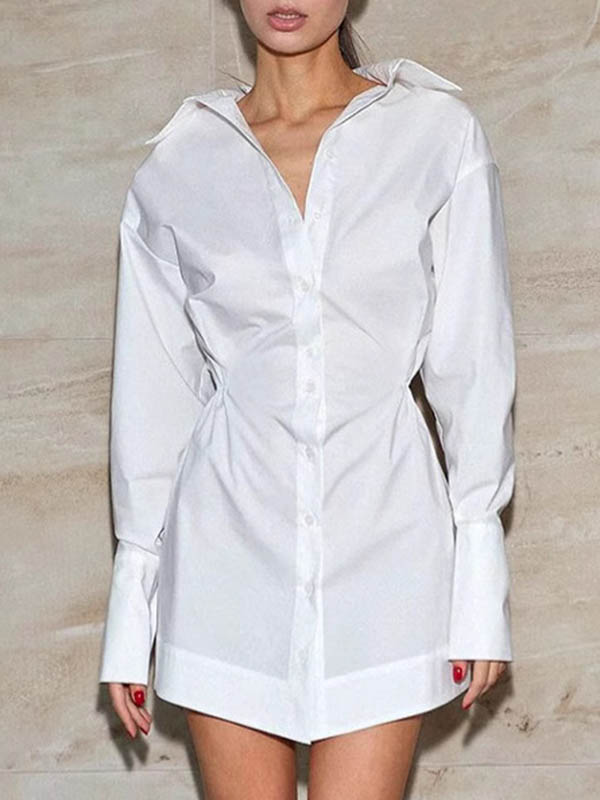 High Waisted Long Sleeves Buttoned Pleated Solid Color Lapel Mini Dresses Shirt Dress