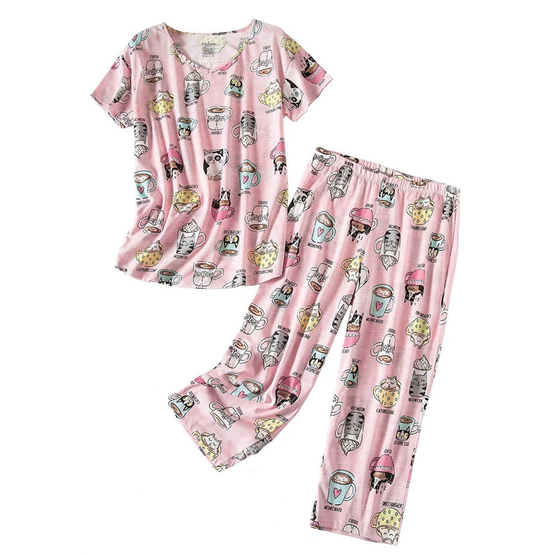 Women Fashion Casual Printed V-Neck Short-Sleeve T-Shirt Loose Pants Pajamas Set