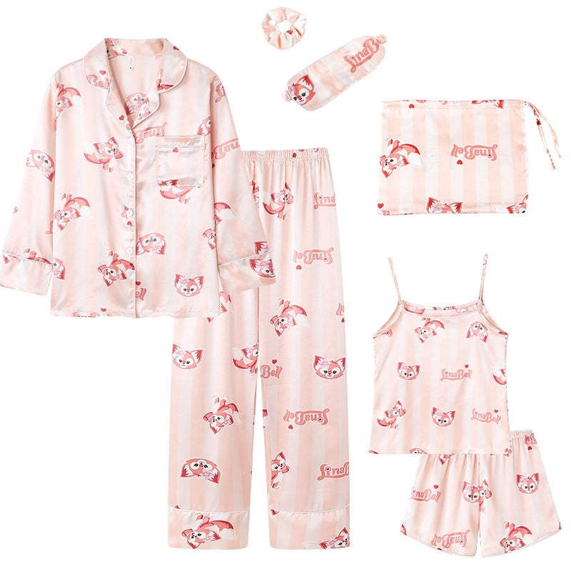 Women Simple Casual Stripe Printed Thin Pajamas Seven-Piece Set