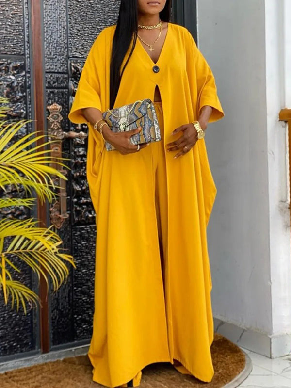 Batwing Sleeves Split-Front V-Neck Cover-Ups Tops + High Waisted Elasticity Pants Two Pieces Set