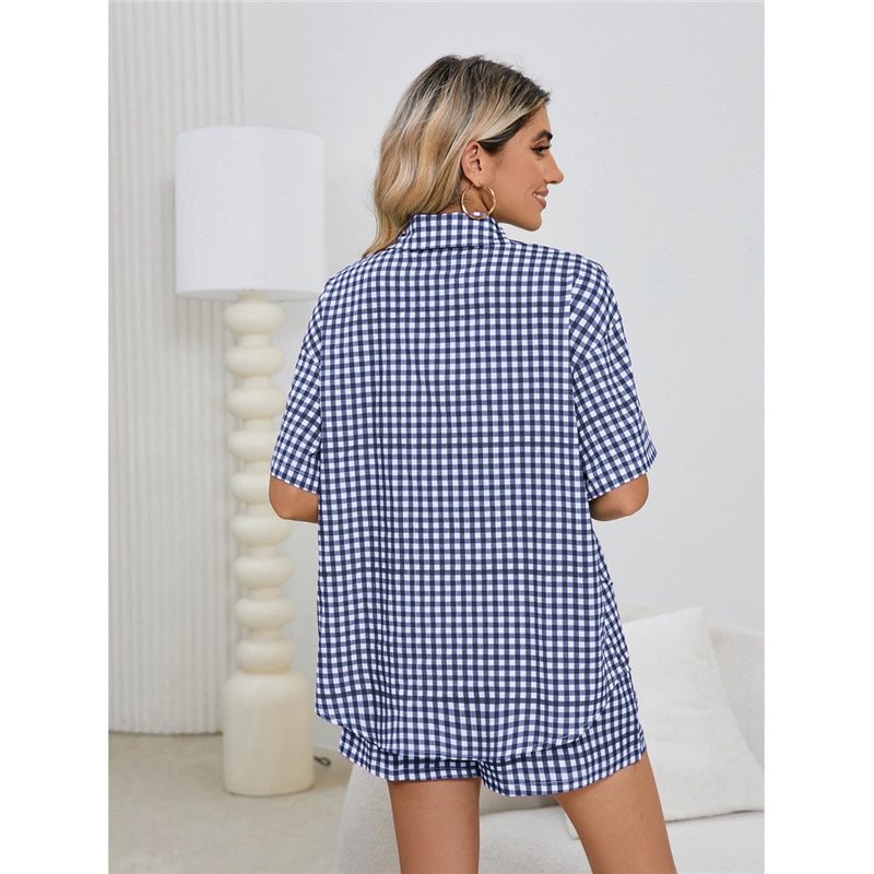 Women Fashion Casual Plaid Printed Lapel Short-Sleeve Blouse High Waist Loose Shorts Pajamas Two-Piece Set