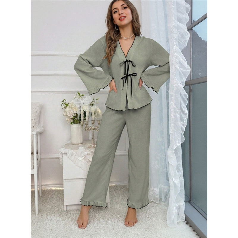 Women Fashion Casual Solid Color Long Sleeve Lace-Up Top Loose Pants Pajamas Two-Piece Set