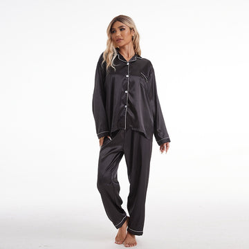 Women Simple Casual Lapel Ice Silk Long-Sleeved Pajamas Set