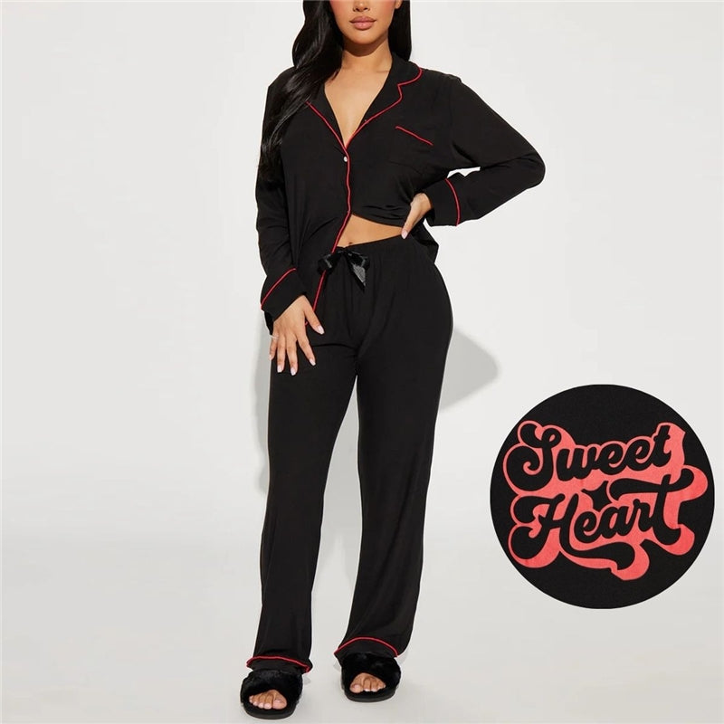Women Fashion Casual Autumn And Winter Printed Lapel Long Sleeve Top Loose Pants Pajamas Set