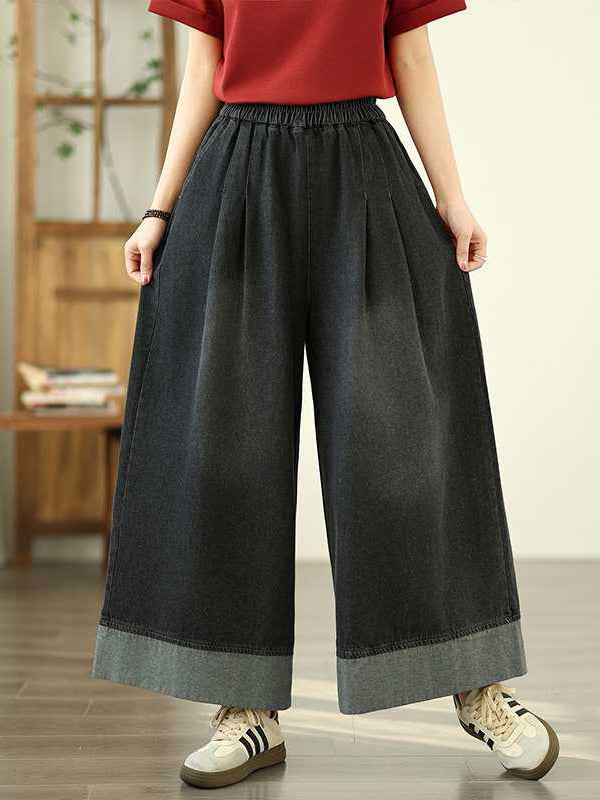 Loose Wide Leg Elasticity Pleated Pockets Jean Pants Bottoms Trousers