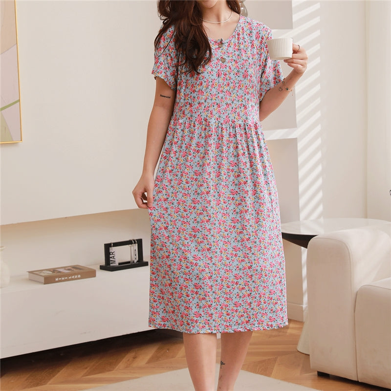 Women Fashion Casual Floral Printed Short Sleeve Loose Dress Pajamas