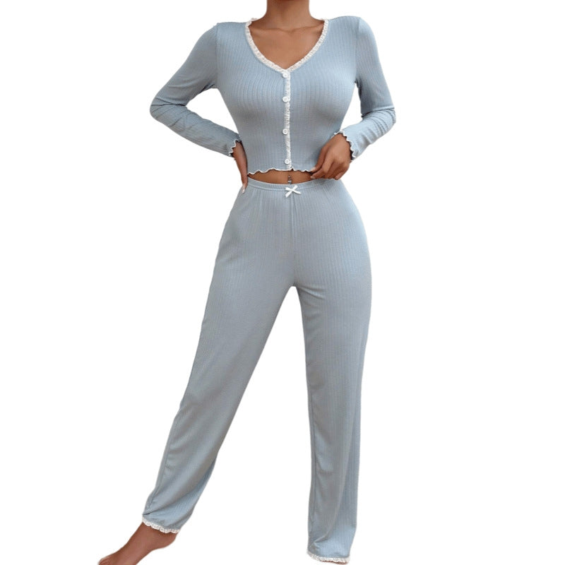 Women Casual Solid Color Lace Pajamas Longewear