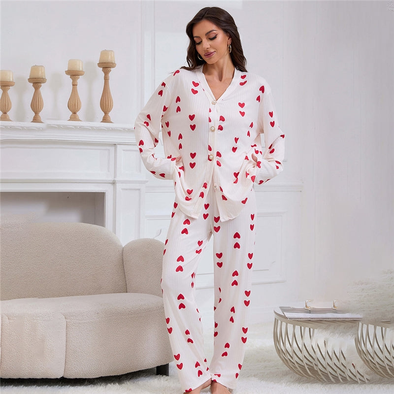 Women Fashion Casual Love Printed Round Neck Long Sleeve Top Loose Pants Pajamas Set