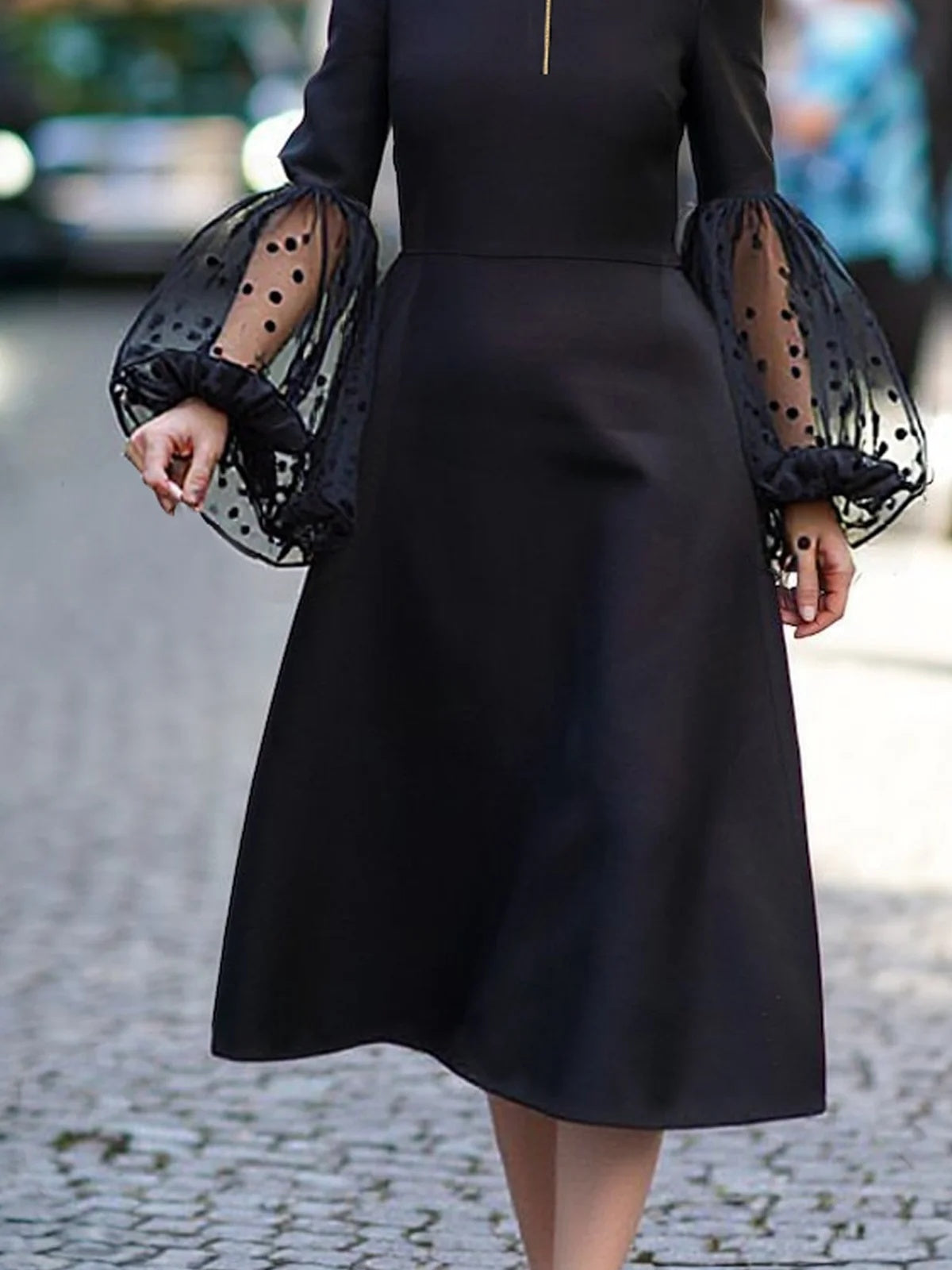 A-Line Long Sleeves Mesh Patchwork Polka-Dot Split-Joint Zipper Round-Neck Midi Dresses