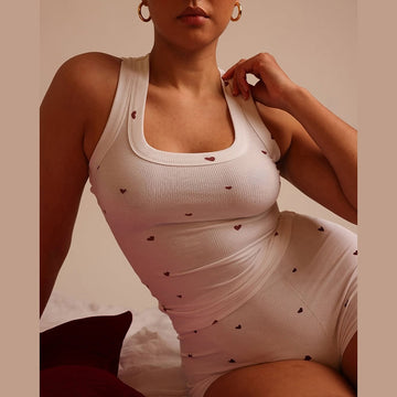 Women Fashion Sexy Love Printed Round Neck Sleeveless Tank Top Tight Shorts Pajamas Two-Piece Set