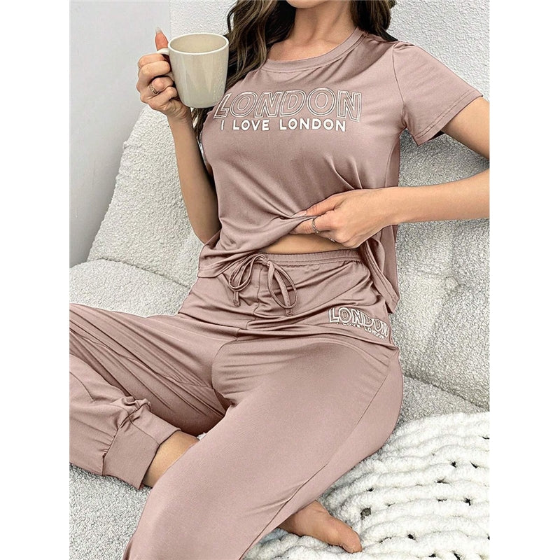 Women Fashion Casual Printed Short Sleeve T-Shirt Drawstring Pants Pajamas Two-Piece Set