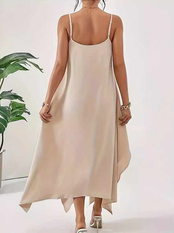 Loose Sleeveless Asymmetric Solid Color Spaghetti-Neck Maxi Dresses