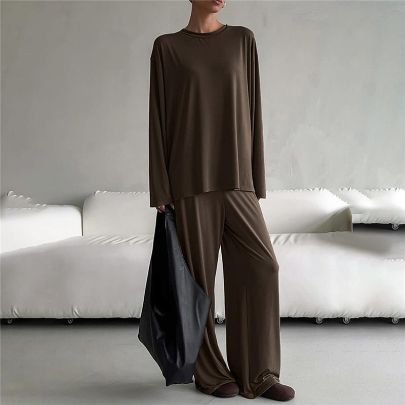 Women Fashion Casual Autumn And Winter Solid Color Round-Neck Long Sleeve Sweatshirt Loose Pants Pajamas Two-Piece Set