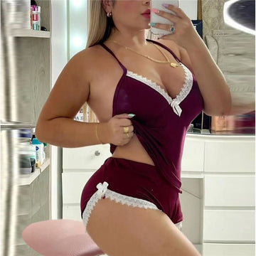 Women Fashion Sexy Lace Splicing Camisole Slim Fit Shorts Pajamas