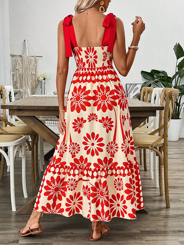 A-Line Loose Elasticity Flower Print Pleated Tied Spaghetti-Neck Midi Dresses