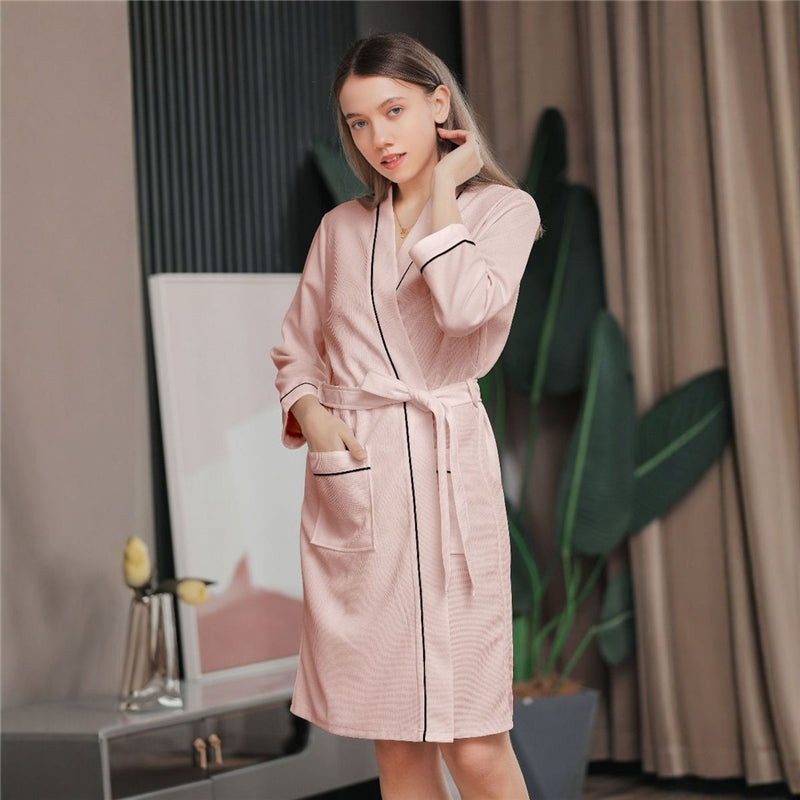 Fashion Casual Contrast Color Waffe Bathrobe Lace-Up Nightgown