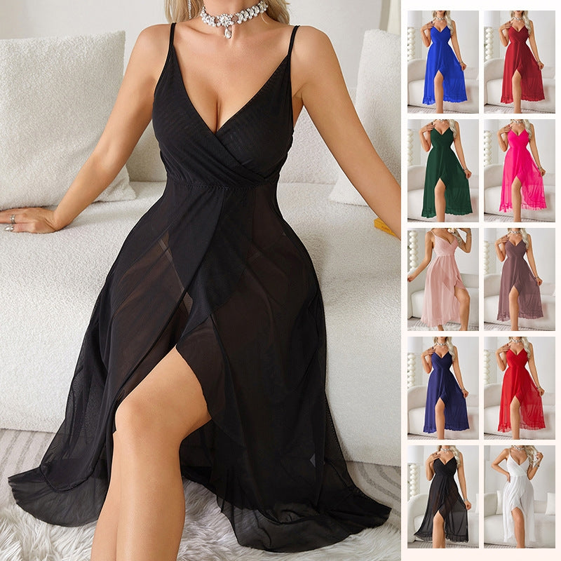 Women Fashion Sexy Deep V Backless Mesh Perspective Sling Sexy Pajamas