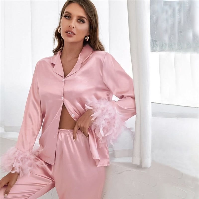 Women Fashion Solid Color Ice Silk Feather Lapel Long Sleeve Top Loose Pants Pajamas Set