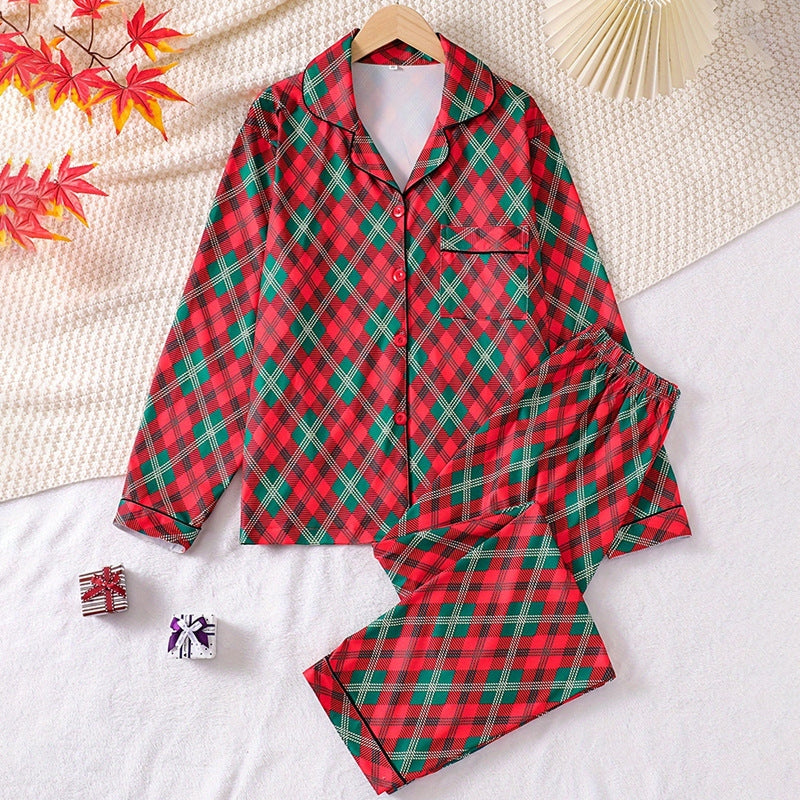 Christmas Women Fashion Plaid Print Pajamas Two-Piece Set