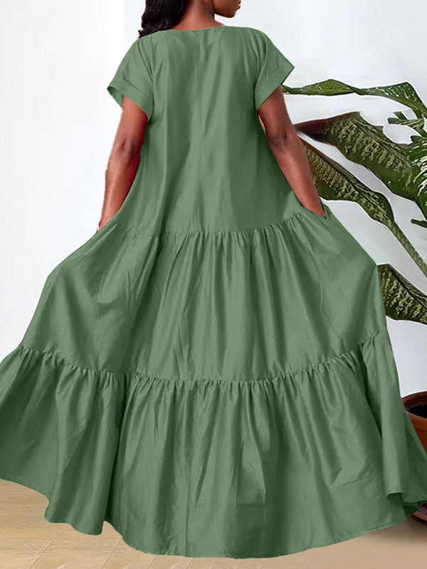 A-Line Loose Pleated Solid Color Split-Joint V-Neck Maxi Dresses