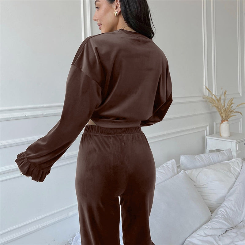 Autumn Winter Women Fashion Solid Color Round Neck Long Sleeve Top Pants Home Pajamas Set