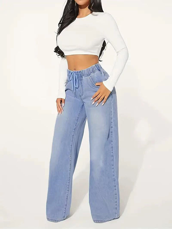 High Waisted Loose Drawstring Elasticity Split-Joint Jean Pants Bottoms