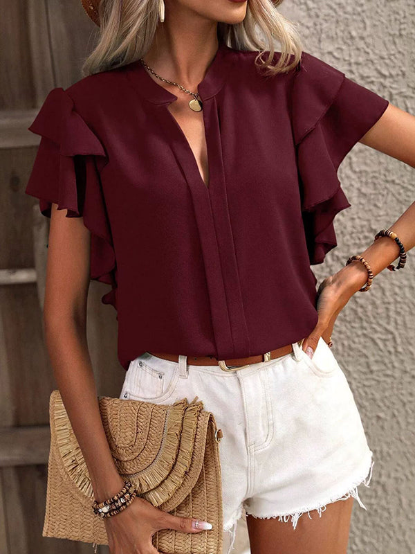 Loose Ruffle Sleeves Ruffle Trim Solid Color V-Neck Blouses&Shirts Tops