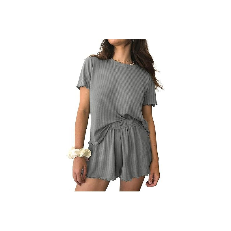 Women Casual Solid Color Rib Knitted Wave Edge Short Sleeve Top Loose Shorts Pajamas Two-Piece Set
