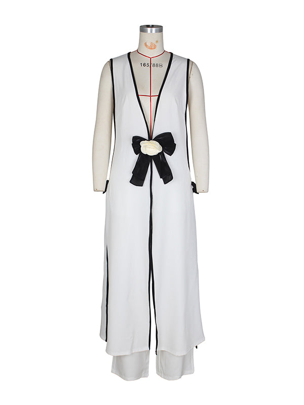 Sleeveless Contrast Color Split-Joint V-Neck Top + Wide Leg Pants Trousers Two Pieces Set