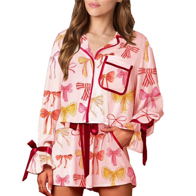 Women Fashion Casual Printed Loose Lapel Long-Sleeve Lace-Up Shorts Pajamas Two-Piece Set